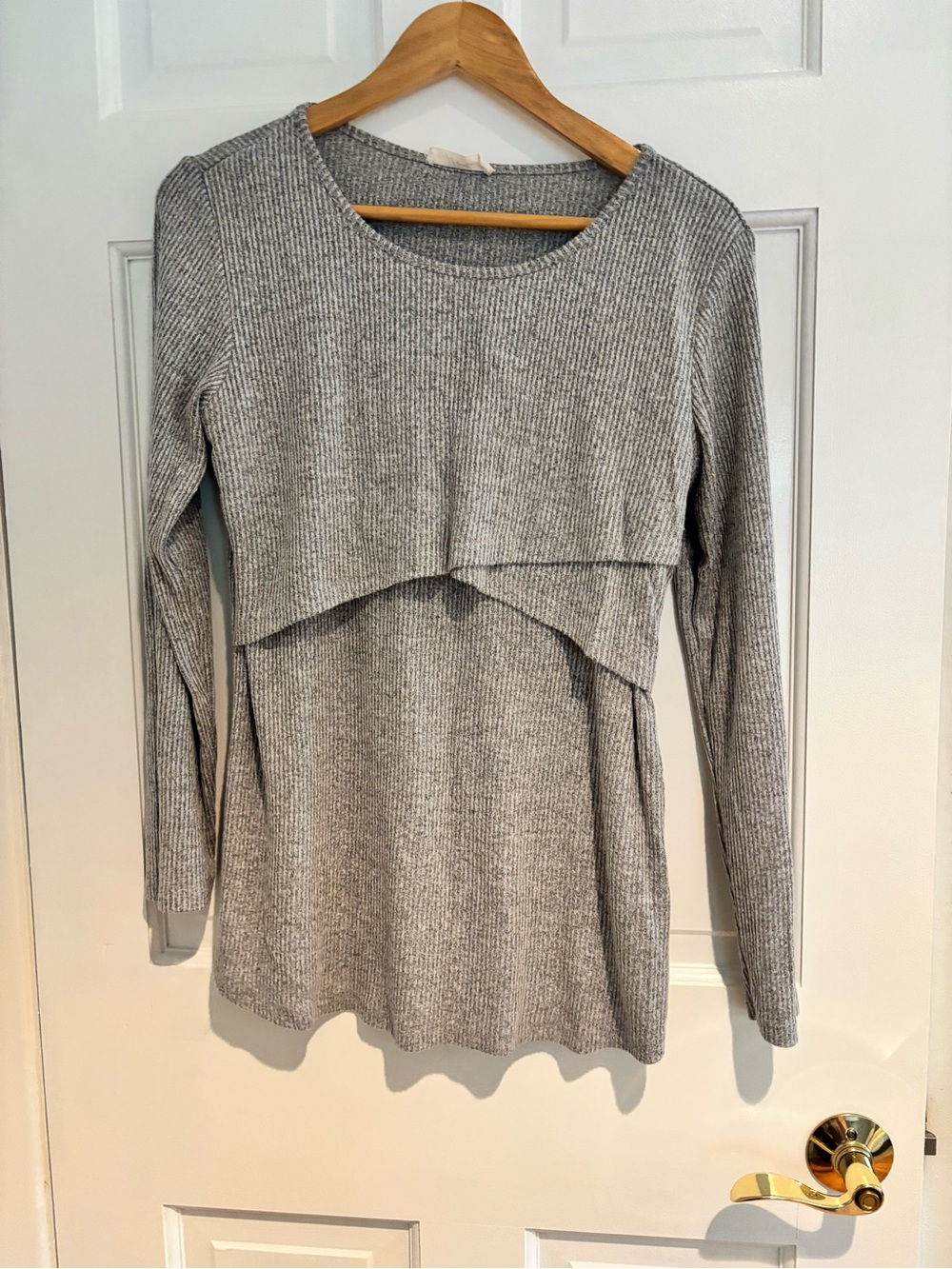 Pink blush maternity grey ribbed maternity/breastfeeding l/s shirt in Large